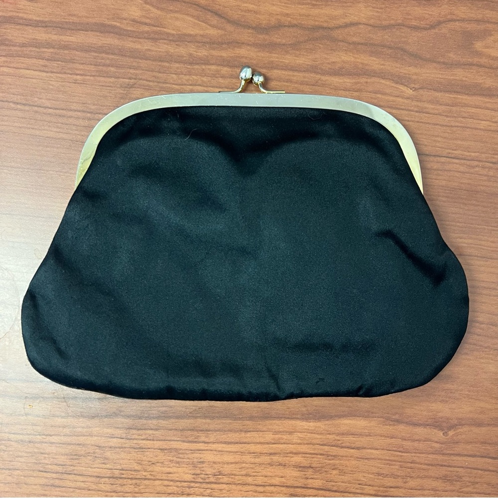1960s Koret Black Patent Not-A-Leather Double Compartment Satin Purse Dressy Bag - Picture 2 of 14